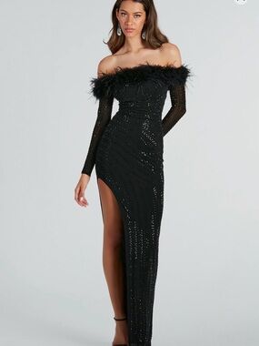Chloe Feather Trim Rhinestone Mesh Formal Dress